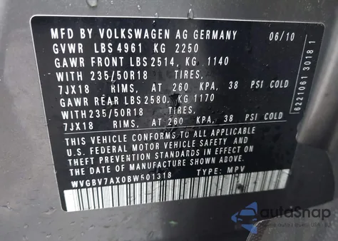 2011 Volkswagen Tiguan S/Se/Sel from USA, damaged, VIN WVGBV7AX0BW501318